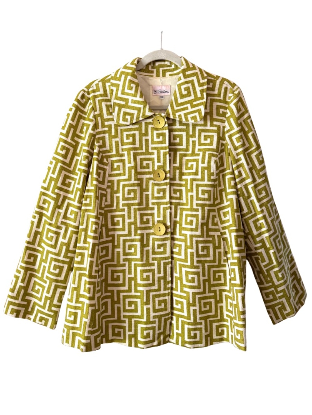 Three Sisters Green and White Geometric Print Waistcoat Jacket